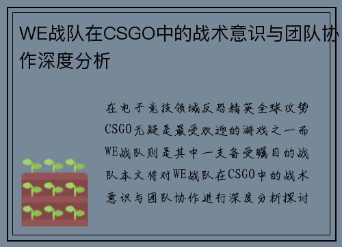 WE战队在CSGO中的战术意识与团队协作深度分析